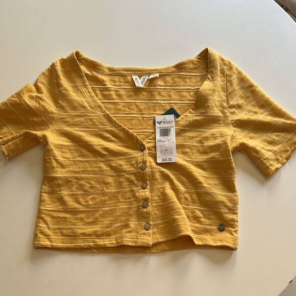 Roxy Uncomplicated Mind Button Front Stripe Tee Ochre Beachy Yarn, Small, NWT - Picture 3 of 9